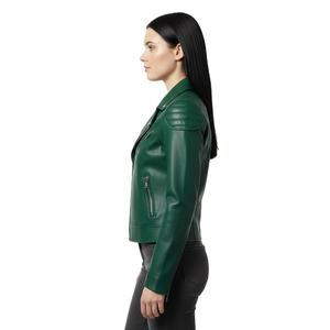 Factory Price Green Leather <b>Jacket</b> <b>Women</b> Motorbike Style Custom Wholesale Bulk Quantity Genuine Leather Biker Coat OEM Supply - Product Image 1