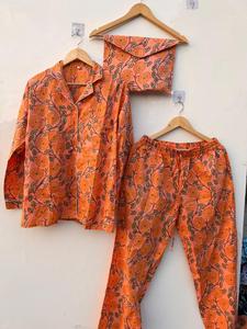 Block <b>Print</b> Cotton Pajama <b>Set</b> Women Nightwear Loungewear with Matching Pouch Soft Breathable Summer Sleepwear Wholesale - Product Image 5