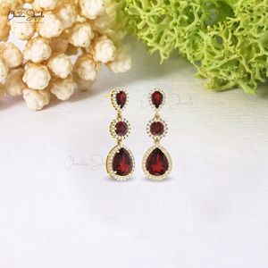 Handmade 14k Solid Gold <b>Earrings</b> Natural 10x8mm Pear Cut Red Garnet Halo <b>Earrings</b> with Diamond Accent Cocktail Jewelry for Women - Product Image 6