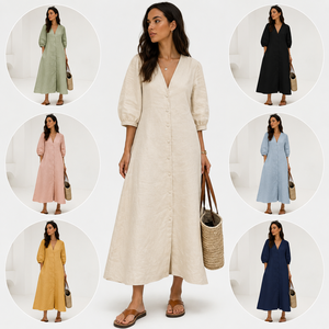 Puff Sleeve Linen/Cotton Modest V Neck Button Straight Solid Breathable Eco-Friendly Women's <b>Beach</b> <b>Kaftan</b> Dress Side Pockets - Product Image 5