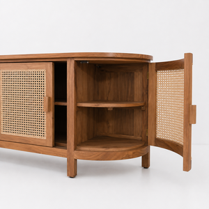 Teak Rattan Credenza Curved <b>Sideboard</b> Cabinet Solid Teak Wood Buffet <b>Storage</b> Cupboard Console Unit Living Dining Room Furniture - Product Image 4