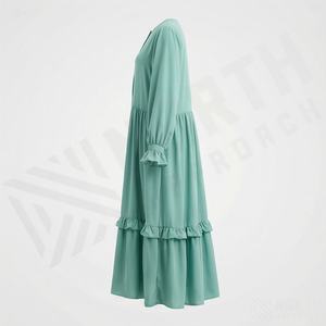 Abaya élégante et modeste en polyester léger, col en V, vêtements islamiques pour femmes, manches longues, vente en gros - Product Image 3