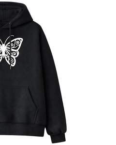 Conjunto de Sudadera con Capucha y Pantalones Deportivos con Estampado de Mariposas Negras para Mujer, Sudadera de Forro Polar con Pantalones a Juego, Atuendo Informal de Invierno - Product Image 3