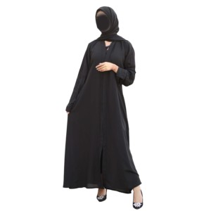 Abaya noire à manches longues brodée, col en V, longueur au sol, robe musulmane modeste pour la prière et le quotidien, vêtement en polyester pour femmes - Product Image 1