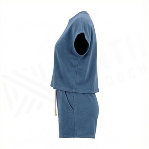Ensemble 2 pièces pour femme en coton uni, col rond, manches courtes, coupe ample, au-dessus du genou, tenue décontractée printemps-été - Product Image 3