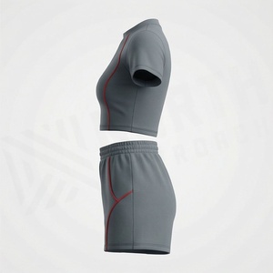 Women's 2 Piece Sporty Set Short Sleeve <b>Crop</b> <b>Top</b> and Above Knee Shorts Solid Gray with <b>Red</b> Stripe Quick Dry Knitted Fabric - Product Image 3