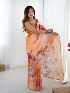 Elegant <b>Orange</b> Floral Printed Heavy Chinnon <b>Saree</b> With Mirror Work For Women Wedding Wear Casual Wear <b>Saree</b> - Product Image 1
