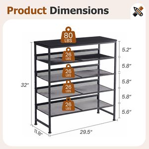 Étagère à chaussures réglable à 5 niveaux, imperméable, avec étagères en métal à mailles fines et plateau en bois, organisateur d'entrée autoportant, noir - Product Image 3