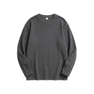 T-shirt tricoté côtelé à col rond et manches longues pour homme, grande taille, couleur unie, en coton élasthanne respirant, haut décontracté - Product Image 4