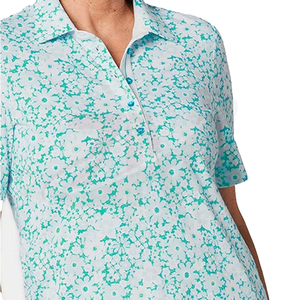 Polo pour femme à imprimé floral, manches courtes, bleu clair et blanc, tissu tricoté décontracté, respirant, longueur normale - Product Image 5