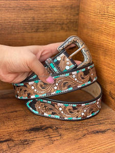 เข็มขัดหนังแท้สำหรับผู้ชายและผู้หญิง, เข็มขัดลายดอกไม้ทำด้วยมือแบบตะวันตกเข็มขัดคาดเอวหนังแท้ - Product Image 2