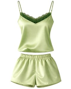 <b>Light</b> Green Satin Lace Cami Shorts Set Women Pajama Set Sexy Nightwear Sleepwear Soft Silk Summer Two Piece <b>Lounge</b> Wear Outfit - Product Image 1