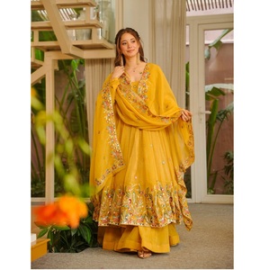 New Collection <b>Women</b> Yellow Anarkali Gown <b>3</b> <b>Piece</b> <b>Suit</b> Set Floor Length Traditional Indian Pakistani Outfit - Product Image 1