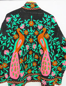 Artisanal Handworked TNT <b>Fabric</b> Jacket | Luxury Peacock Embroidery Unisex Bomber - Product Image 2