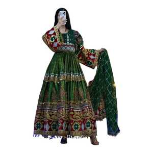 Robe afghane Kuchi vintage brodée, robe longue à ligne A, faite à la main en organza, manches longues, motif géométrique, col rond, taille empire - Product Image 1