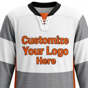 Maillot de hockey sur glace personnalisé pour homme, manches longues, sublimé, 100% polyester, maille respirante, blanc, gris, orange, tenue d'équipe, taille adulte - Product Image 2