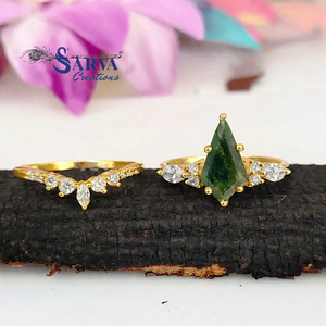 Ensemble de bagues en agate mousse naturelle en forme de cerf-volant avec accents en zircon cubique, argent sterling 925, ensemble de bagues de fiançailles et de mariage pour femmes - Product Image 3