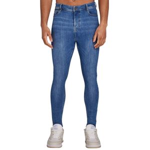 Vaqueros para hombre con efecto spray, azul medio, tiro alto, ajustados, elásticos, de mezclilla, estilo casual para el día a día, streetwear, ajuste ceñido - Product Image 1