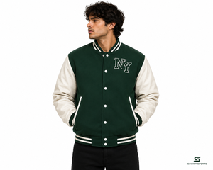 Veste de sport SINEWY pour homme, verte, style varsity, en cuir véritable, doublure en polyester, logo NY brodé, respirante, séchage rapide, coupe classique - Product Image 4
