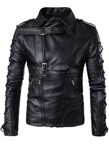 <b>Slim</b> <b>Fit</b> Black Biker Leather Lace up <b>Jacket</b> - Product Image 1