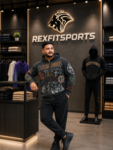 Sudadera con Capucha REXFIT SPORTS 2026 para Hombre, Negra, Vintage, con Gráficos, Cierre Completo, Personalizada, Estilo Urbano, de Forro Polar, para Uso Casual - Product Image 3