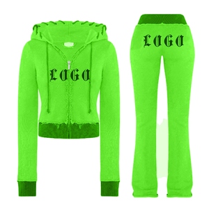 Ensemble sweat à capuche et pantalon en tricot vert pour femme, avec logo personnalisé imprimé, vêtement décontracté à manches longues, fermeture éclair sur le devant, motif lettres - Product Image 4