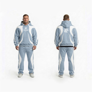 Ensemble de survêtement en molleton bleu ciel pour homme, avec logo personnalisé, sweat à capuche et pantalon de jogging, panneaux contrastants, style streetwear, ensemble deux pièces - Product Image 5