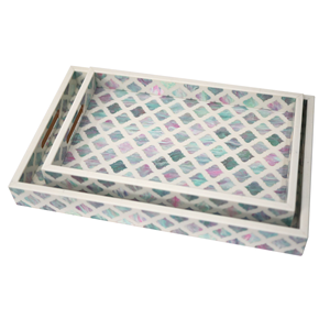 Bandeja de Servicio Blanca para Cocina y Baño, Diseño Geométrico de Mosaico Verde con Incrustaciones de Nácar, para Sala de Estar, Decorativa - Product Image 1