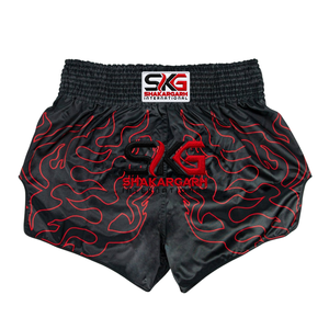 Shakargarh International Herren Muay Thai Shorts Schwarz Orange Flammen-Sublimation Elastischer Bund Hohe Seitenschlitze - Product Image 4