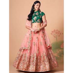 Glamour Peach Mirror Work Lehenga Choli Wedding Wear Robe en filet décorative - Product Image 6