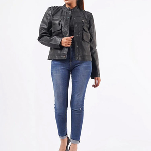 Veste moto en cuir véritable pour femme, manches longues, fermeture éclair, col montant, couleur unie, style automne - Product Image 2