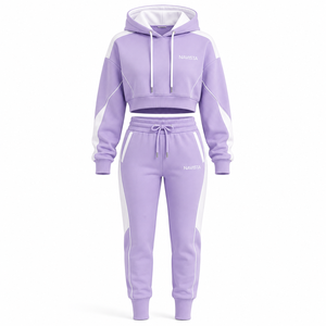 Winter Solid Crop <b>Top</b> Women 2 Piece Hoodies Jogger Set 100% Cotton Thick 360gsm Rhinestone Embroidery Fleece Streetwear Boxy - Product Image 5