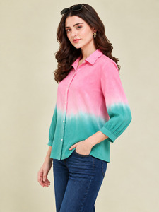 Camisa de Gasa para Mujer con Bloques de Color Degradado, Botones, Manga Larga, Corte Holgado, Cuello Camisero, Informal, para Primavera/Verano - Product Image 3