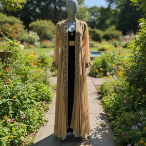 Kaftan Abaya élégant noir et or brodé, en georgette transparente de luxe, avec cape longue ouverte sur le devant et travail Zari traditionnel complexe, idéal pour les fêtes - Product Image 1