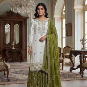 Elegante Conjunto Sharara de Seda Chinon Blanca con Bordado de Lentejuelas y Dupatta de Lujo - Product Image 2