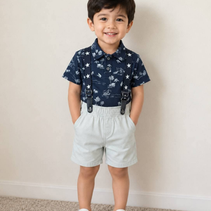 Conjunto informal de tela lisa de 2 piezas para niños, camiseta + pantalones cortos - Product Image 5