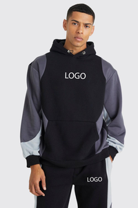 Mens <b>Black</b> and Grey Color-Block Custom Logo Hooded Sweatshirt and Matching <b>Jogger</b> Pants Tracksuit OEM ODM Wholesale Apparel - Product Image 3