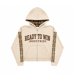 ชุดวอร์มมีฮู้ดลายสก็อตสีเบจพร้อมแถบข้าง แบรนด์ Ready To Win Industries เสื้อซิปเต็มตัว กางเกงลำลอง ใส่ได้ทั้งชายและหญิง สำหรับฤดูใบไม้ร่วง - Product Image 5