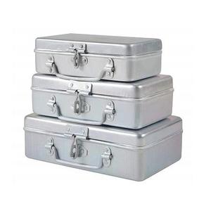 <b>Vintage</b> Container Metal Storage Boxes Stackable Hinged Lid Industrial Design Silver Color Set of 3 <b>Trunks</b> - Product Image 1