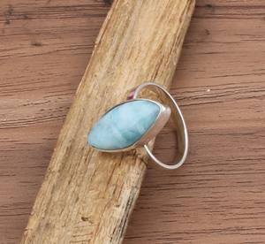 Bague en argent sterling 925 avec serti clos en larimar bleu naturel, taille brillant rond, classique, pour mariage et anniversaire, pour femme - Product Image 1