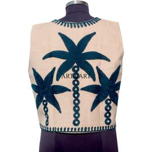 Chaleco de algodón para mujer con estampado de palmeras, sin mangas, con botones, bordado a mano, ecológico, estilo étnico, informal. - Product Image 4