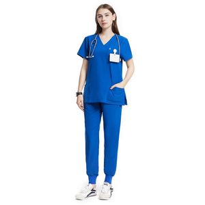 Women's <b>Blue</b> <b>Scrub</b> Set V-Neck Top Pants Polyester Woven Hospital Uniform Stethoscope Ready - Product Image 1