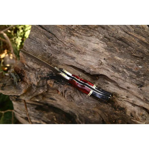 Cuchillo de bolsillo multifuncional Burraq DIY personalizado OEM hecho a mano de acero de Damasco de 8 pulgadas con hoja recta, mango de madera y funda de cuero - Product Image 3