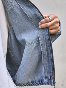 <b>Mens</b> Cross Patch Denim <b>Jacket</b> Hooded Washed Zip Up Streetwear Oversized Applique Vintage Wash Boxy Custom Print OEM Supplier - Product Image 4