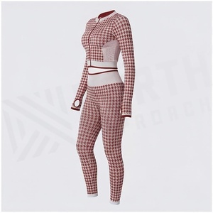 2 Piece Yoga Set Houndstooth Pattern Full Length Zipper Front High Waist Leggings Spandex Polyester Seamless Sportswear - Product Image 3