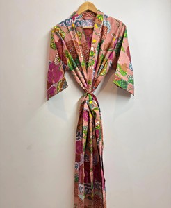 Kimono Women Floral Print Cotton Robe Soft <b>Waffle</b> Texture Long Sleeve Knee Length High Rise Drawstring Closure Bathrobe - Product Image 3