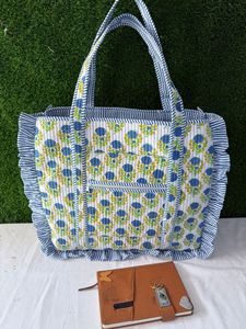 Elegant Cotton Quilted Large Frill Tote <b>Bag</b> Handmade Printed Shoulder Purse for Office <b>College</b> Shopping and Daily Essentials - Product Image 4
