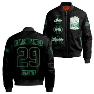 Chaqueta Universitaria Personalizada Iota Phi Lambda para Mujer, Chaqueta Bomber Negra con Letras Griegas, Escudo, Número y Año - Product Image 4