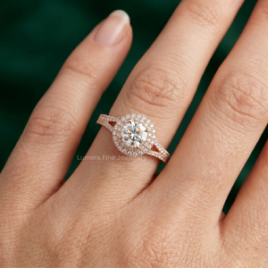 Anillo de compromiso de oro rosa de 9K, 10K, 14K, 18K con doble halo de moissanita para mujer, corte redondo, pavé, anillo nupcial, joyería de lujo para promesa - Product Image 5
