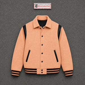 Chaqueta Varsity de Lana para Hombre, Color Durazno, Cuello Camisero, Corte Regular, Estilo Casual Otoñal, Cierre de un Solo Botón con Ribete Negro, AUTÉNTICA - Product Image 5